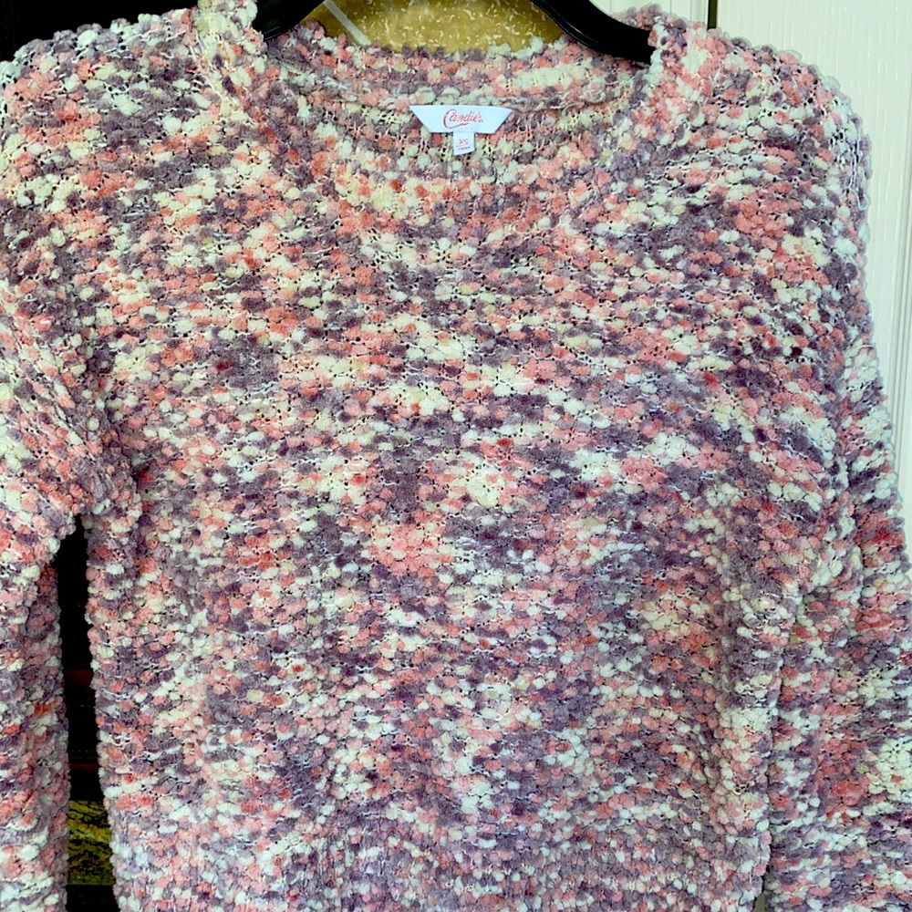 Candies multi colored short sweater in purples, pinks, grays in XS